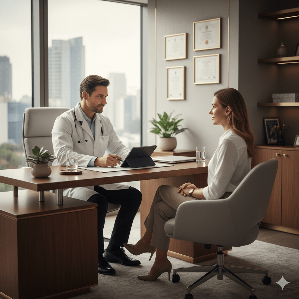 Marketing Médico | Médico realizando atendimento humanizado em consultório de alto padrão no Jardim São Luiz, Montes Claros. 